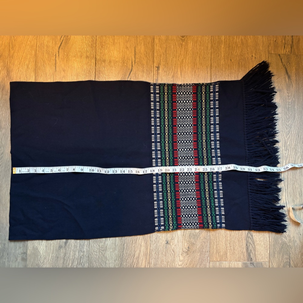 Wool Navy Patterned Scarf Wrap Handmade Fringe Cozy Winter Hygge Oversized - Picture 8 of 8